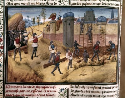 KRUSADER: "Korsfararna klättrar på Jerusalems murar. Från "Histoire des Cr... av Flemish School