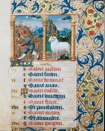 Kalender, mars månad, en sådd bonde och belier. Sidan hämtad från en timbok ms. 47, upplyst av den flamländska skolan. Badia di 