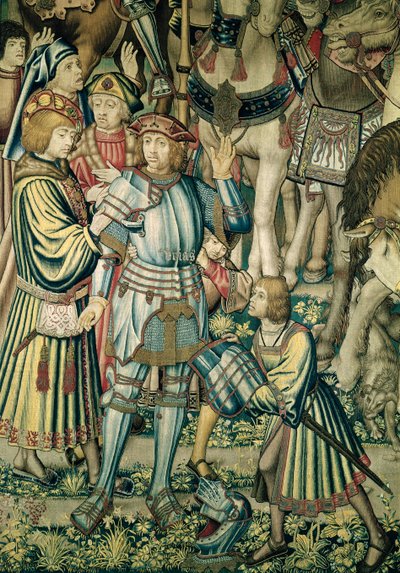 Detalj av hetiten Uria som beväpnas från Assembling the Riders, från Davids och Batsebas gobeläng, ca 1510-15 (se även 98092) av Flemish School