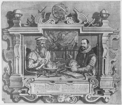Dubbelporträtt av Gerard Mercator (1512-94) och Jodocus Hondius (1563-1612) graverade för att inkluderas i Mercator och Hondius serier av atlaser, 1619 (se även 10457 och 30866) av Flemish School