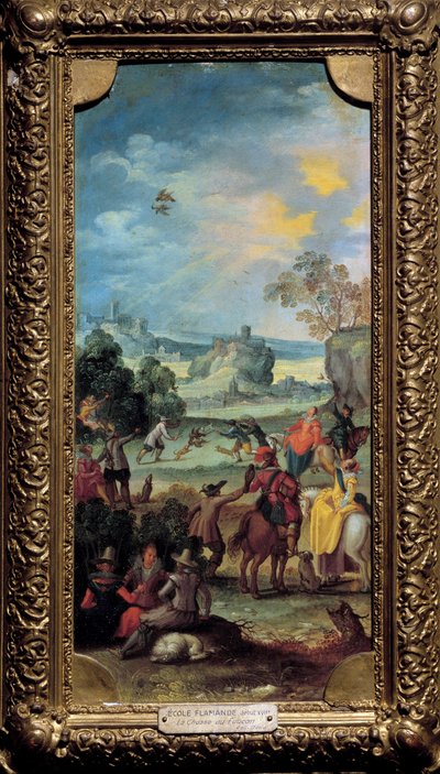 Falkjakt Scenjakt och vila på landsbygden. Målning av den flamländska skolan. Början av 1600-talet. Dijon, Museum of Fine Arts av Flemish School