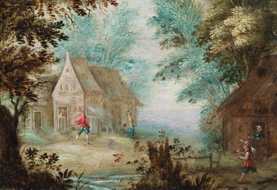 Figurer nära stugor i en skogsglänta av Flemish School