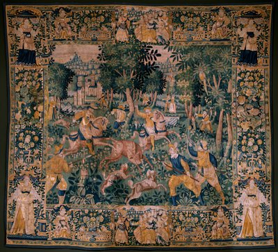 flamländsk gobeläng. Rådjursjakt (Hunting a deer). Atelier i Oudenaarde. 295x331 cm. Inv (82941)-1 / PRIVAT. 1600-talet. av Flemish School