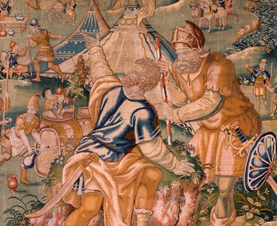 flamländsk gobeläng. Militärläger nära floden Granikos. Studio i Oudenaarde. 377x393 cm. Inv 83104-9 /00011. 1600-talet. av Flemish School