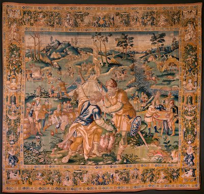 flamländsk gobeläng. Militärläger nära floden Granikos. Atelier i Oudenaarde. 377x393 cm. Inv 83104-9 /00011. 1600-talet. av Flemish School