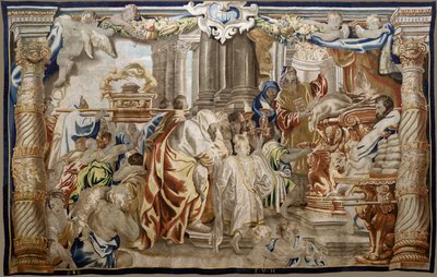 フランダースのタペストリー。 シリーズ 聖体の神格化。 モーセ律法の犠牲 (Sacrificio de la Ley Mosaica)。 ルーベンスのオリジナルからコピーされたモデル漫画。 ブリュッセルの製造。 フランス・ヴァン・デン・ヘッケによる製造。 17世紀半ば。 ファブリック シルクとウール、スウェーデン av Flemish School