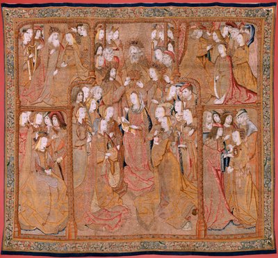 flamländsk gobeläng. Serie Devotion of Our Lady eller gyllene dukar. Jungfruns kröning (La Coronación de la Virgen). Fjärde gobelängen i serien. Modelltecknare från Colyn de Coters krets. Tillverkning Pieter van Aelst, Bryssel. Ca 1500-15 av Flemish School