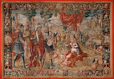 flamländsk gobeläng. Serien Esau och Jakob. Laban letar efter de stulna idolerna. Andra gobeläng i serien. Tillverkar Nederländerna. Andra hälften av 1500-talet. Ull tyg. Plats Church of Saint Nicholas ( Bari ) av Flemish School