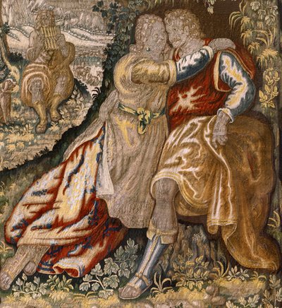 flamländsk gobeläng. Serie Gallantry (Galante). Par med musiker (Pareja con músico). Tillverkning Bryssel, tidigt 1600-tal. Tyg Siden och ull, 5/6 varp per cm. Storlek 348 x 263 cm. Plats Kyrkan San Millán de la Cogolla, Oncala (Soria). Ursprung av Flemish School