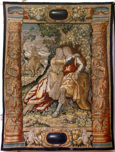 flamländsk gobeläng. Serie Gallantry (Galante). Par med musiker (Pareja con músico). Tillverkning Bryssel, tidigt 1600-tal. Tyg Siden och ull, 5/6 varp per cm. Storlek 348 x 263 cm. Plats Kyrkan San Millán de la Cogolla, Oncala (Soria). Ursprung av Flemish School
