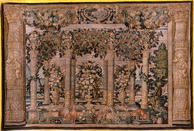 flamländsk gobeläng. Serier Gallerier with animals or Galleries of espaliers (Galleries with animals or Galleries of espaliers 10). Tvåa i serien. Siden och ull. 1600-talet. av Flemish School