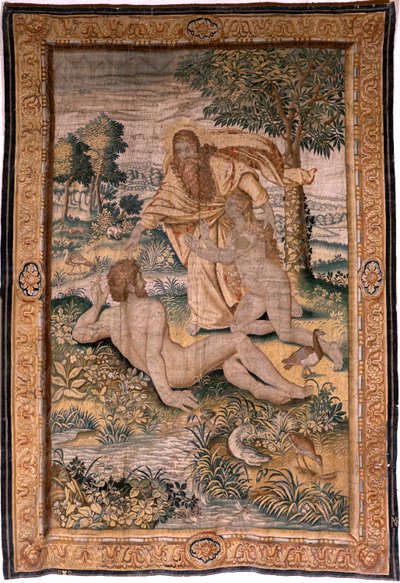 flamländsk gobeläng. Serien Genesis eller The Creation Man. Gud skapar kvinnan och introducerar henne för Adam (Dios crea a la mujer y la presenta a Adán). Modell baserad på Michiel Coxcie. Tillverkar Jan Aerst i Bryssel. Ca 1630. Tyg Siden och ull. av Flemish School