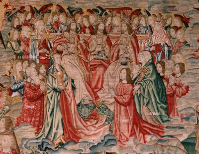 flamländsk gobeläng. Serien Human Redemption eller laster och dygder. Kristus stiger upp till himlen och människan är återlöst inför Gud (Cristo asciende al Cielo y el Hombre se redime ante Dios). Nionde gobeläng i serien (fjärde av de som förvaras i Palen av Flemish School