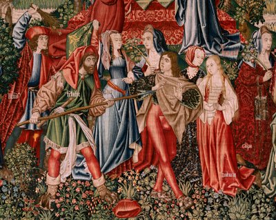 flamländsk gobeläng. Serien Human Redemption eller laster och dygder. Laster leder människan till synd (Los Vicios conducen al Hombre al pecado). Andra gobeläng i serien (den första av de som förvaras i Palencia. Bryssel tillverkning, verkstad. Ca 1510. St av Flemish School