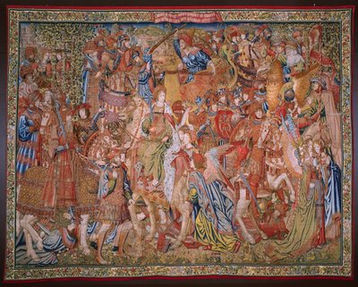 flamländsk gobeläng. Serien Moralities: The virtue of the honors (De deugd van de Honores, The Virtue of honors). Omkring 1520. av Flemish School