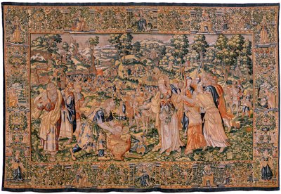 flamländsk gobeläng. Serien Story of Cyrus. No VI Tomyris beordrar Cyrus huvud att doppas i ett blodkärl (Tomiris manda sumergir la cabeza de Ciro en un recipiente lleno de sangre). Anonym, baserad på Michiel Coxcie. Atelier Antwerpen. Siden och woo av Flemish School