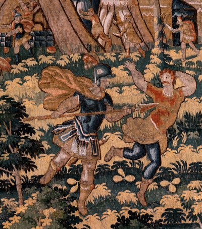 flamländsk gobeläng. Serien Story of Cyrus. No V Strid mellan två krigare och Cyrus död (Combate de dos guerreros y muerte de Ciro). Anonym, baserad på Michiel Coxcie. Atelier Antwerpen. Siden och ull. Omkring 1590. av Flemish School
