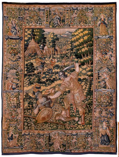 flamländsk gobeläng. Serien Story of Cyrus. No V Strid mellan två krigare och Cyrus död (Combate de dos guerreros y muerte de Ciro). Anonym, baserad på Michiel Coxcie. Atelier Antwerpen. Siden och ull. Omkring 1590. av Flemish School