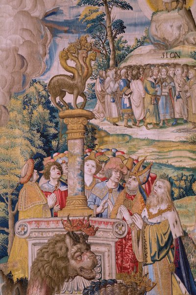 flamländsk gobeläng. Serien The Apocalypse: Saint Michael besegrar draken. Atelier Willem Dermoyen, Bryssel. Ca 1553-1555. Detalj. av Flemish School