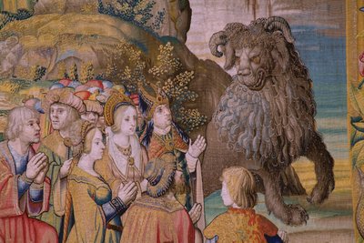flamländsk gobeläng. Serien The Apocalypse: Saint Michael besegrar draken. Atelier Willem Dermoyen, Bryssel. Ca 1553-1555. Detalj. av Flemish School