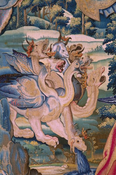 flamländsk gobeläng. Serien The Apocalypse: Saint Michael besegrar draken. Atelier Willem Dermoyen, Bryssel. Ca 1553-1555. Detalj. av Flemish School