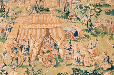 flamländsk gobeläng. Serien Judiths bok. Judith före Holofernes (Judith ante Holofernes). Femte gobeläng i serien. Tillverkning Nederländerna, Bryssel(?). Andra hälften av 1500-talet. Tyg Ull. Plats Church of Saint Nicholas of Bari (mus av Flemish School