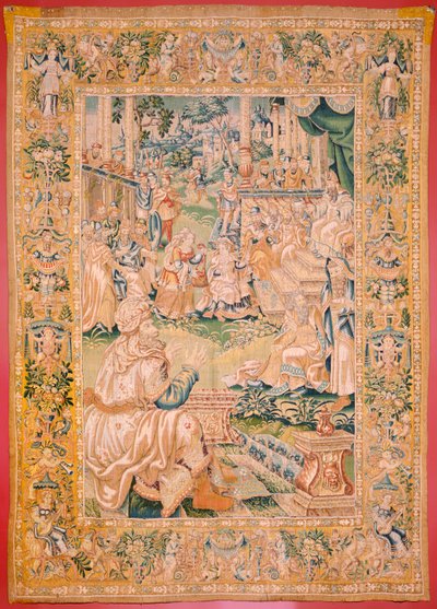 flamländsk gobeläng. Serien Judiths bok. Återvänd till Bethulia (Regreso a Betulia). Åttonde gobeläng i serien. Tillverkning Nederländerna, Bryssel(?). Andra hälften av 1500-talet. Tyg Ull. Plats Church of Saint Nicholas of Bari (museet öppnat av Flemish School