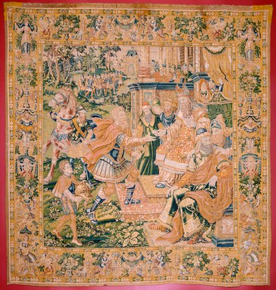 flamländsk gobeläng. Serien Judiths bok. Krig kommer till Juda (Llega la guerra a Judá). Fjärde gobelängen i serien. Tillverkning Nederländerna, Bryssel(?). Andra hälften av 1500-talet. Tyg Ull. Plats Church of Saint Nicholas of Bari (museum o av Flemish School