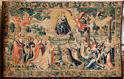 flamländsk gobeläng. Serien The Hail. Salva Regina. Tillverka Bryssels verkstäder, en möjlig tillverkning av Marc Crétif. Ca 1528. Storlek 412 x 652 cm. Tyg Siden och ull. Plats Palencias katedral. Ursprung Ett legat av biskop Fonseca 1529. På displa av Flemish School