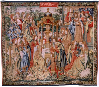 flamländsk gobeläng. Serien Davids och Batsebas historia. Bathseba vid hennes bad (Betsabé en el baño sorprendida por David). Första panelen i serien. Anonym modell. Tillverkning okänd, Bryssel av Flemish School