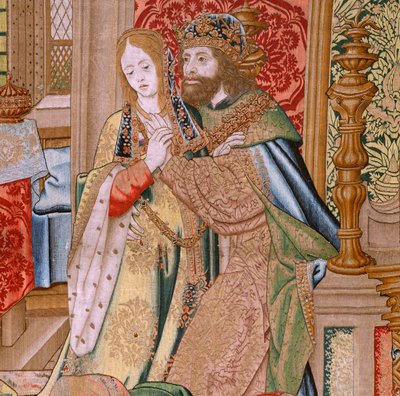 flamländsk gobeläng. Serien Davids och Batsebas historia. Davids och Batsebas äktenskap (Casamiento de David y Betsabé). Andra panelen i serien. Anonym modell. Tillverkning okänd, Bryssel. 1505. Tyg Guld, siden och ull. av Flemish School
