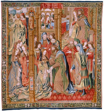 flamländsk gobeläng. Serien Davids och Batsebas historia. Davids och Batsebas äktenskap (Casamiento de David y Betsabé). Andra panelen i serien. Anonym modell. Tillverkning okänd, Bryssel. 1505. Tyg Guld, siden och ull. av Flemish School
