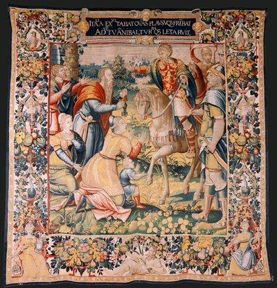 flamländsk gobeläng. Serien Hannibals historia. Hannibal i Italien (Aníbal en Italia). Tredje gobeläng av de bevarade. Modeller Anonym mästare i Nederländerna. Bryssel tillverkning, verkstad. Ca 1570. Tyg Ull och siden. 6,5/7 varp per cm. Storlek av Flemish School