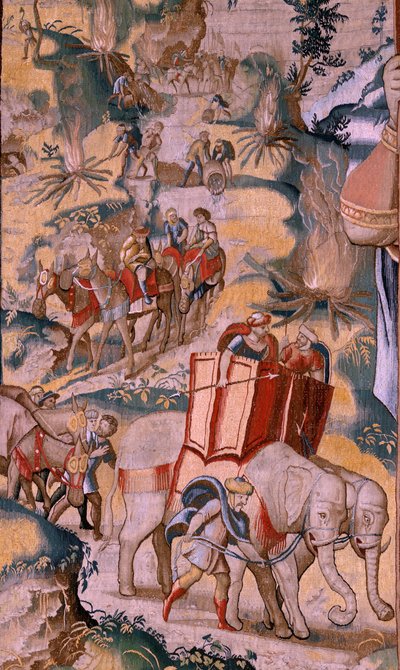flamländsk gobeläng. Serien Hannibals historia. Korsningen av Alperna (Paso de los Alpes). Andra gobeläng av de bevarade. Modeller Anonym mästare i Nederländerna. Bryssel tillverkning, verkstad. Ca 1570. Tyg Ull och siden, 6,5/7 varp pr av Flemish School