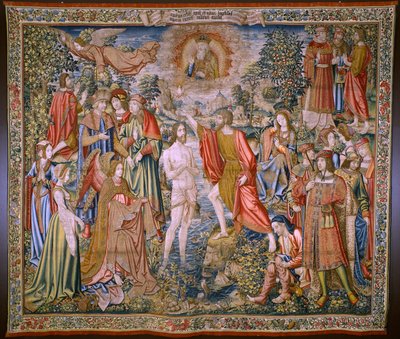 flamländsk gobeläng. Serien The History of Saint John the Baptist: The Baptism of Christ (Het doopsel van Christus). Bryssel ateljé. 1515-1520. av Flemish School