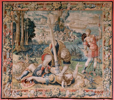 flamländsk gobeläng. Serien The Labours of Hercules. Hercules slåss mot Minotauren (Hercules slåss med Minotauren). Herkules slåss med Minotauren). Andra gobeläng i den bevarade serien. Modell okänd. Tillverkning Willem Dermoyen, Bryssel. ca 1528. av Flemish School