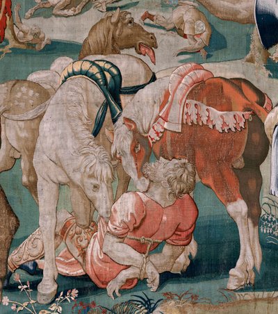 flamländsk gobeläng. Serien The Labours of Hercules. Diomedes hästar (Los caballos de Diomedes). Tredje gobelängen i den bevarade serien. Modell okänd. Tillverkning Willem Dermoyen, Bryssel. Ca1528. Tyg Siden och ull. Storlek 350 x 400 cm. Plats Royal av Flemish School