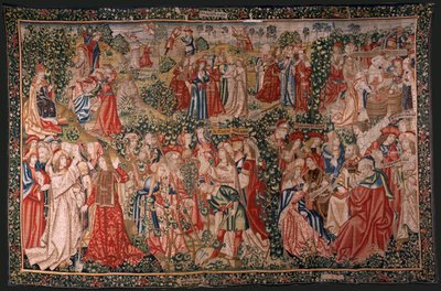 flamländsk gobeläng. Serien Liknelsen om arbetarna i vingården. Uppmaningen till arbetarna (La llamada a los trabajadores). Första gobelängen i serien. Tillverkar Bryssel, Pieter van Aelsts verkstäder(?). Ca 1500. Tyg Siden och ull, 6 varpar pe av Flemish School