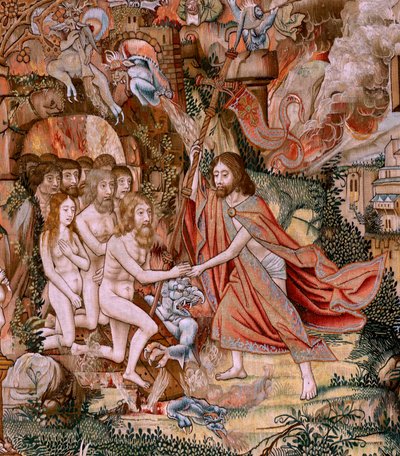 flamländsk gobeläng. Serien The Passion of Christ. Nedstigningen från korset (Descendimiento). Den andra gobelängserien av Kristi passion som tillhör Patrimonio Nacional. Modelltecknare från Jan van Roomes krets. Tillverkning Pieter va av Flemish School