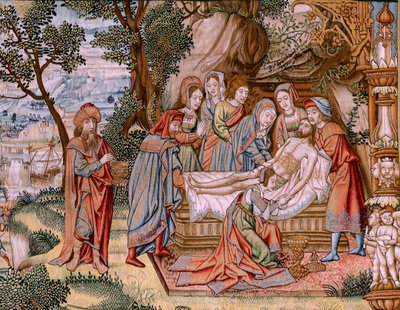 flamländsk gobeläng. Serien The Passion of Christ. Nedstigningen från korset (Descendimiento). Den andra gobelängserien av Kristi passion som tillhör Patrimonio Nacional. Modelltecknare från Jan van Roomes krets. Tillverkning Pieter va av Flemish School