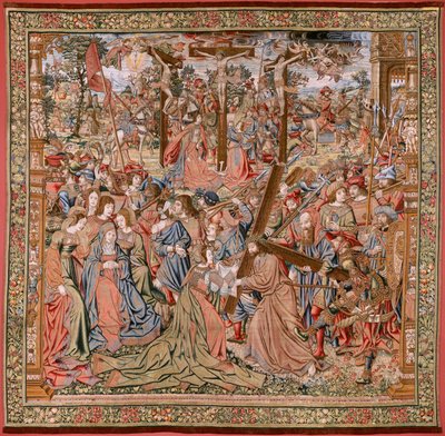 flamländsk gobeläng. Serien The Passion of Christ; Vägen till Golgata och möte med Veronica (Camino del Calvario y encuentro con la Verónica). Första gobeläng av de som förvaras av National Heritage. Modelltecknare från Jan van Roomes och Berns krets av Flemish School