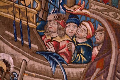 flamländsk gobeläng. Serie The Portuguese in India: The Arrival in Calicut (Från Aankomst i Calicut, Llegado de Vasco de Gama till Lissabon). Ca 1510. Samling Caixa Geral de Depósitos, Lissabon. Detalj. av Flemish School