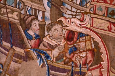 flamländsk gobeläng. Serie The Portuguese in India: The Arrival in Calicut (Från Aankomst i Calicut, Llegado de Vasco de Gama till Lissabon). Ca 1510. Caixa Geral de Depósitos Collection, Lissabon. Detalj. av Flemish School