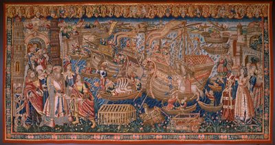 flamländsk gobeläng. Serie The Portuguese in India: The Arrival in Calicut (De Aankomst i Calicut, Llegado de Vasco de Gama a Lisboa). Ca 1510. Samling Caixa Geral de Depósitos, Lissabon. av Flemish School