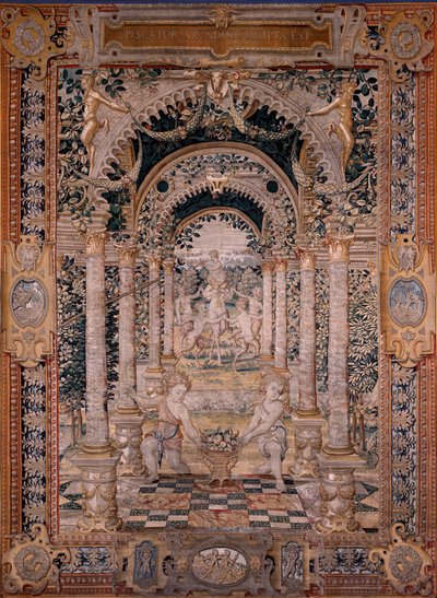 flamländsk gobeläng. Serien Vertumnus och Pomona. Seriens sjunde gobeläng; Vertumnus förvandlas till en fiskare (central del). Modeller Circle of Pieter Coecke Van Aelst och Léonard Thiry. Tillverkning Okänd verkstad, Bryssel. Före 1550. Tyg Go av Flemish School