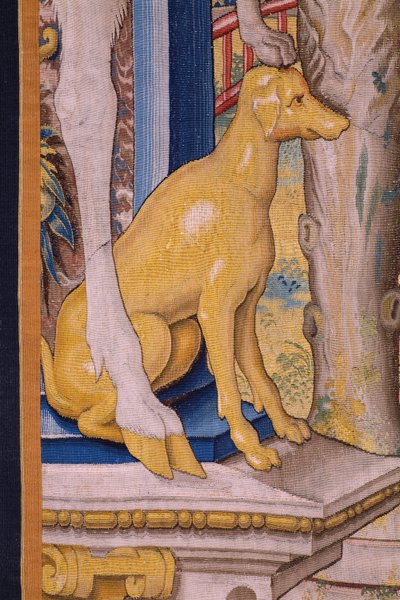 flamländsk gobeläng. Serien Vertumnus och Pomona: Vertumnus förvandlad till en bonde (Vertumnus som bonde, Vertumno transformado och jordbrukare). Atelier Willem de Pannemaker. Omkring 1545-1550. Detalj. av Flemish School