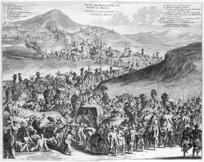 Hajj-karavan från Kairo till Mecka, från Description de lAfrique av O. Dapper, 1686 av Flemish School
