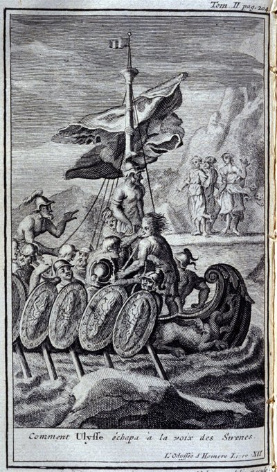 Hur Ulysses flydde sirenens röst. Illustration för bok XII av Homeros Odyssey, i Odyssey, publicerad i Amsterdam 1731, Collection privee Milan. av Flemish School