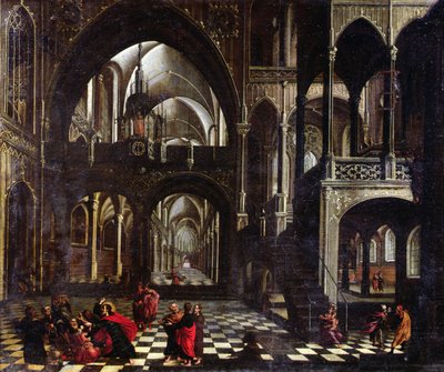 Interiör av en kyrka, eller Jesus som jagar köpmännen från templet av Flemish School