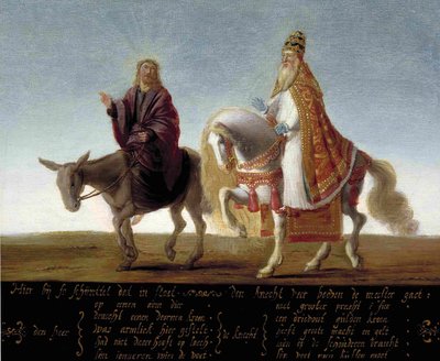 ""Jesus representerad på en åsna vid sidan av den rikt klädda påven på en häst"" Luthersk karikatyr mot påven - Anonym målning av Flemish School